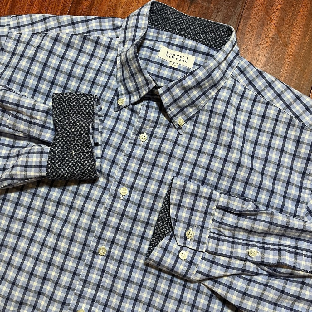 Barneys New York Shirt Mens Extra Large Blue Check Plaid Flip Cuff * Button Down